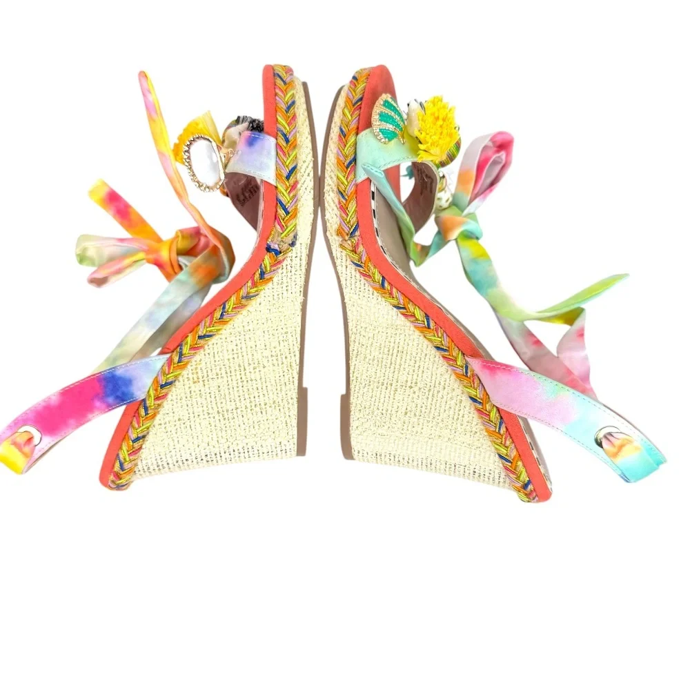 Betsey Johnson Izzi Embellished Wedge Sandals Lace Up Playful Whimsical Size 7 - Picture 7 of 9